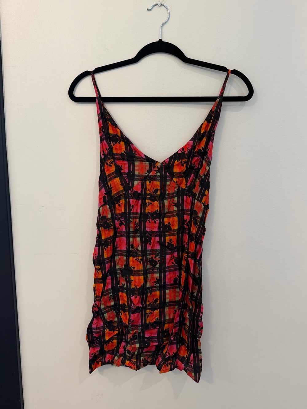 Free People Pink & Orange Plaid Slip Dress with Black Accents